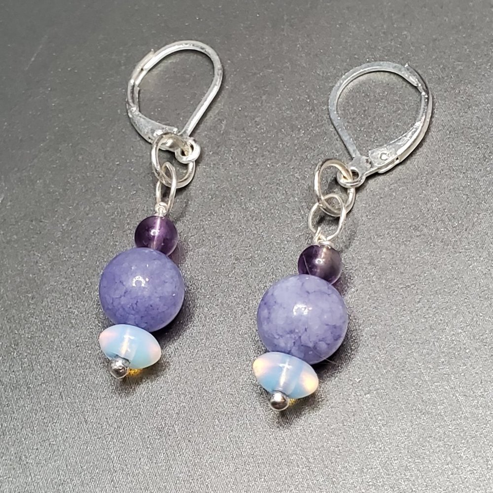 Handcrafted Amethyst, Moonstone, Jade and Sterling Silver Earrings